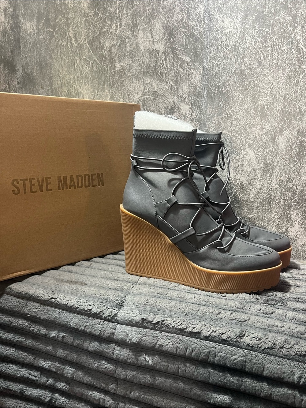 Steve Madden Gray Lace-Up Wedge Ankle Boots with Tan Sole